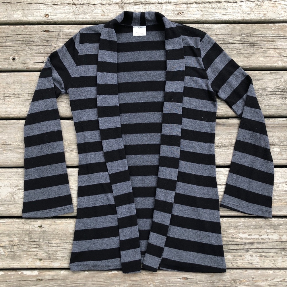 Long & Lean Black & Gray Stripe Cardigan Sweater